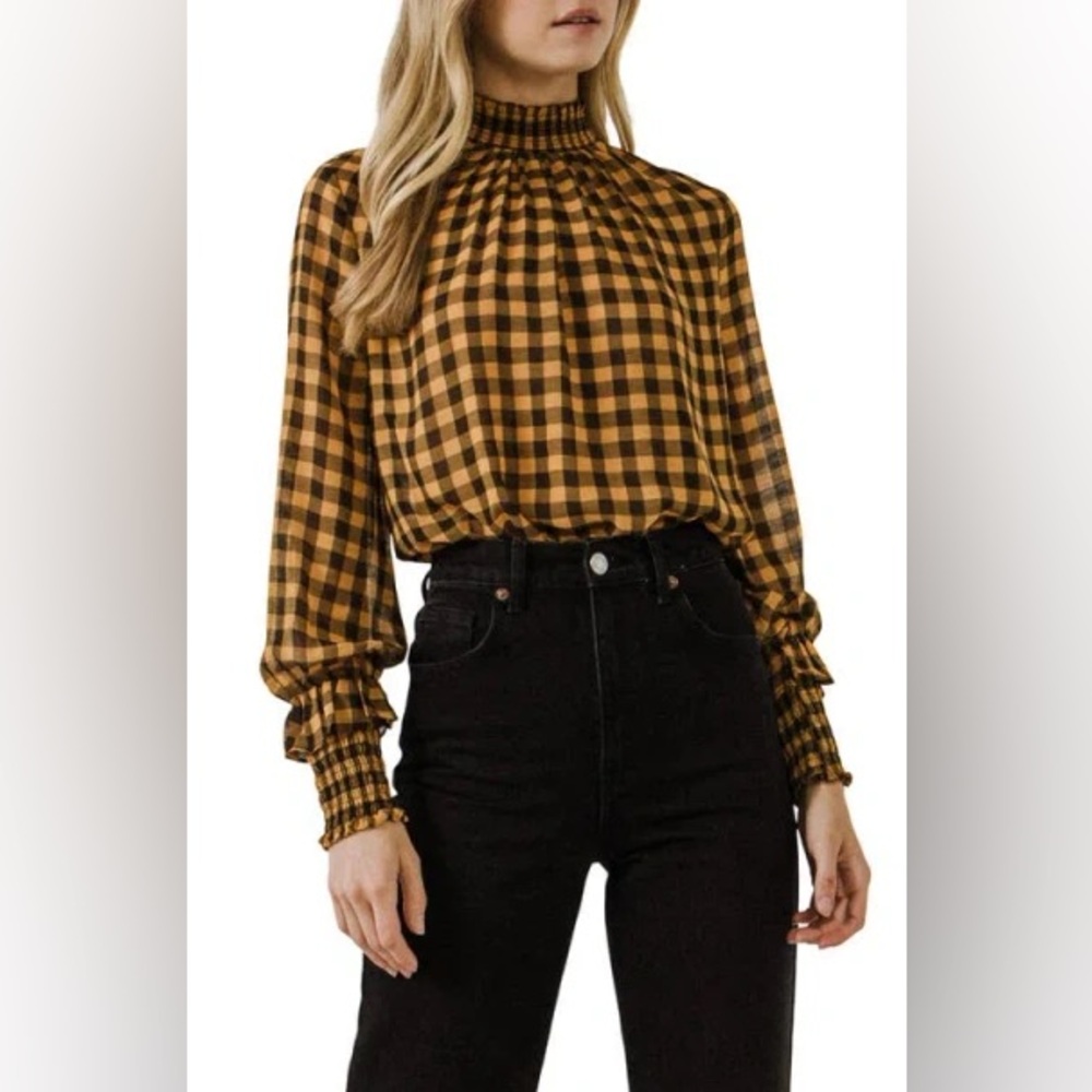 English‎ Factory Mock Neck Checkered Sheer Blouse Orange Black Large Academia